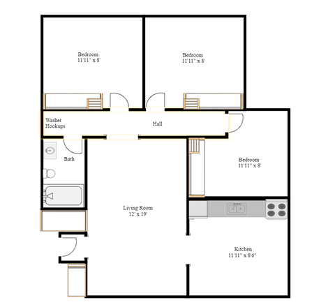 Floor plan for 3 beds, 1 bath, 1415 sqft